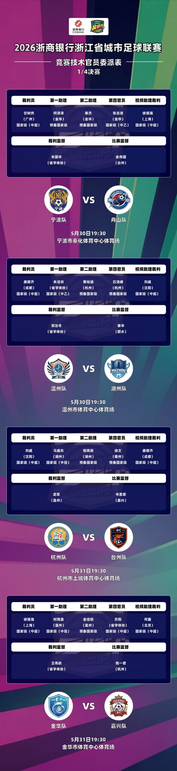吳越杯四分之一決賽外省中超裁判全覆蓋，唐順齊、甘樹然分別執(zhí)法