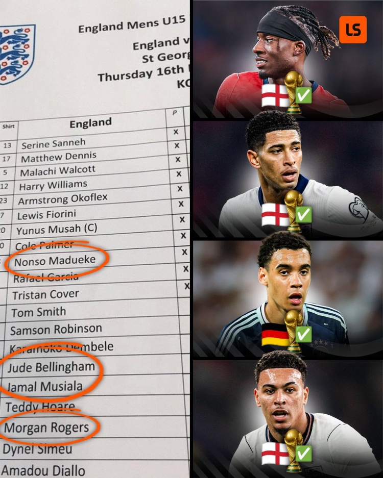 英格蘭U15四子齊聚2026世界杯：貝林穆西亞拉領(lǐng)銜，帕爾默落選